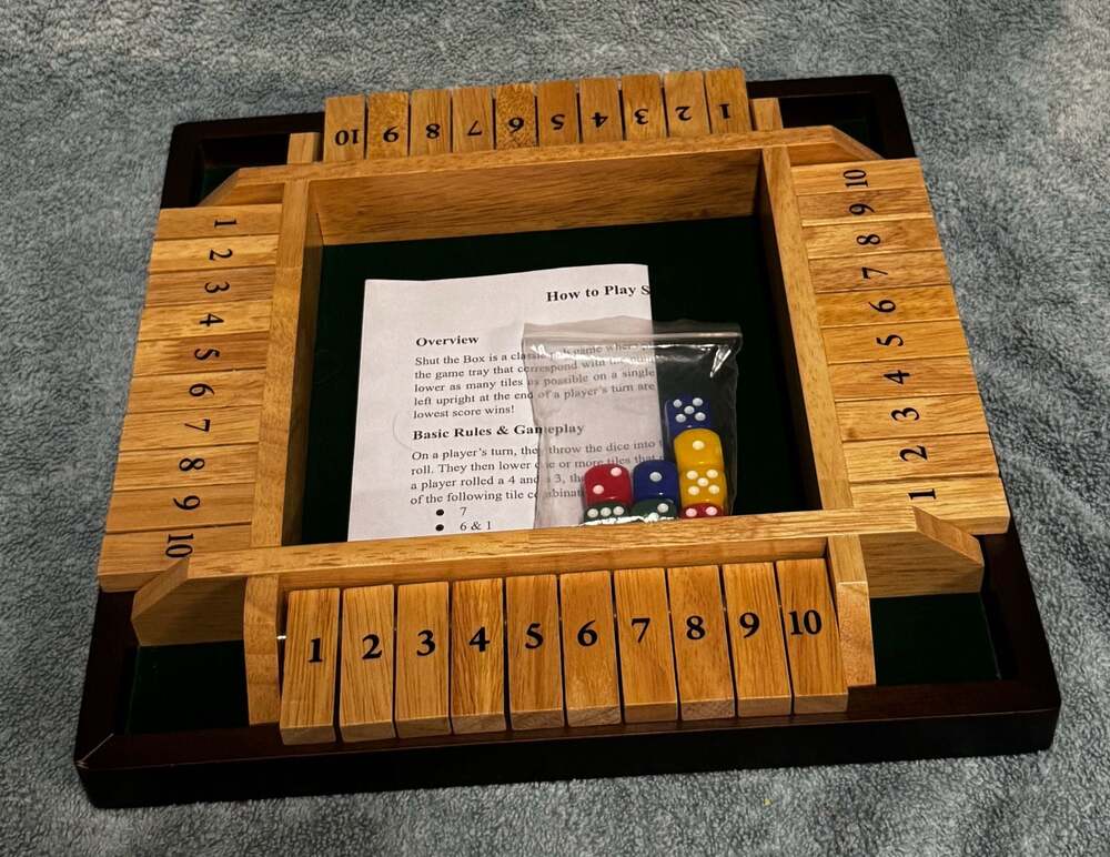 Wooden 4-Player Shut The Box Dice Game with Green Felt and Instructions